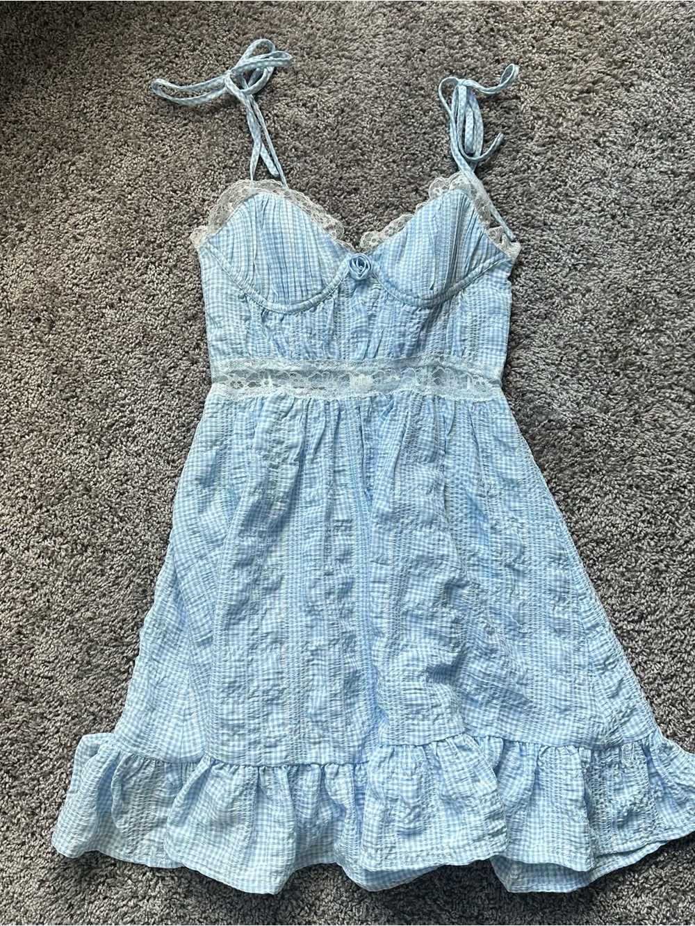 Light Blue Gingham Mini Dress with Lace Trim